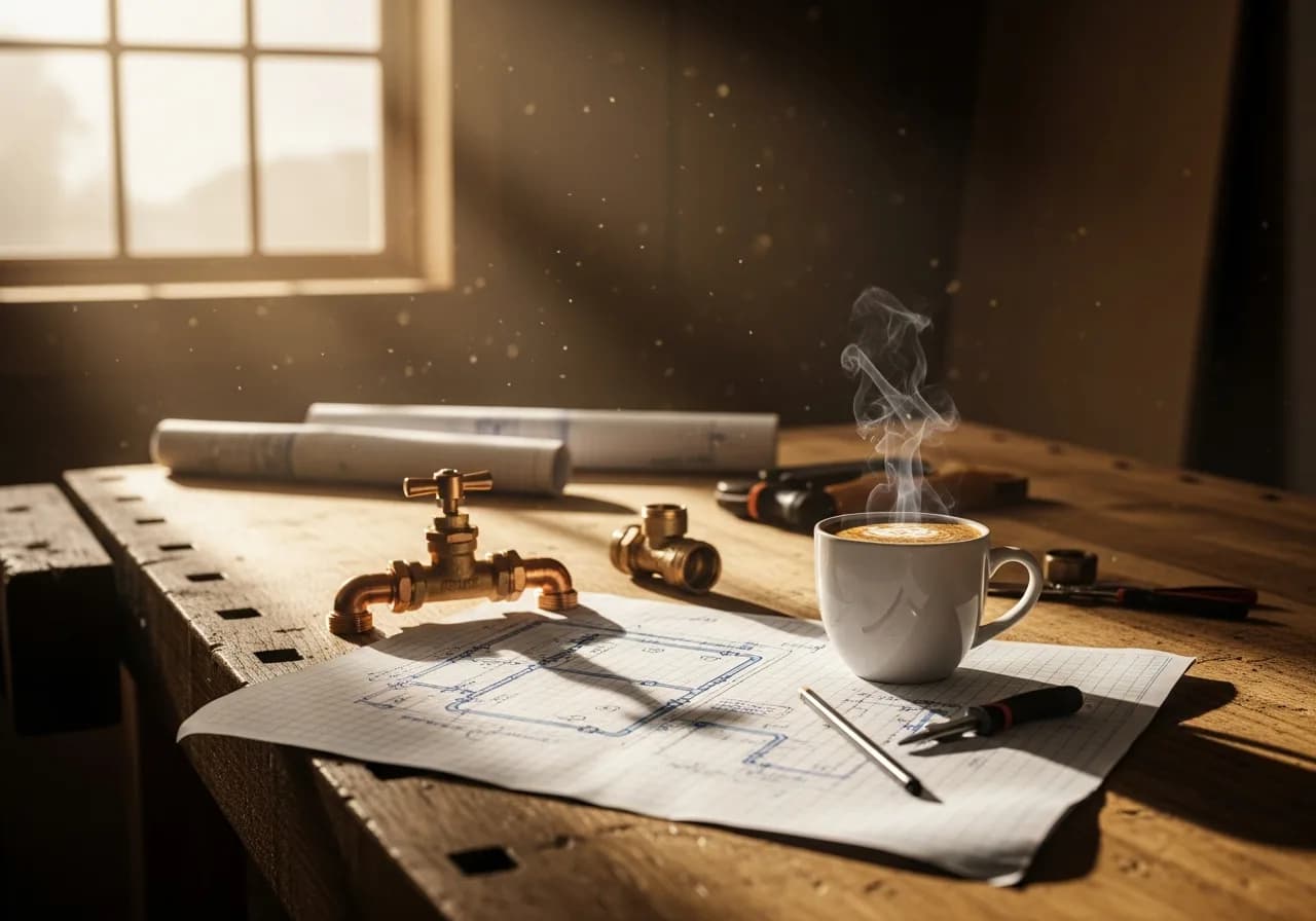 Werkstatt-Detail mit Plan und Kaffee