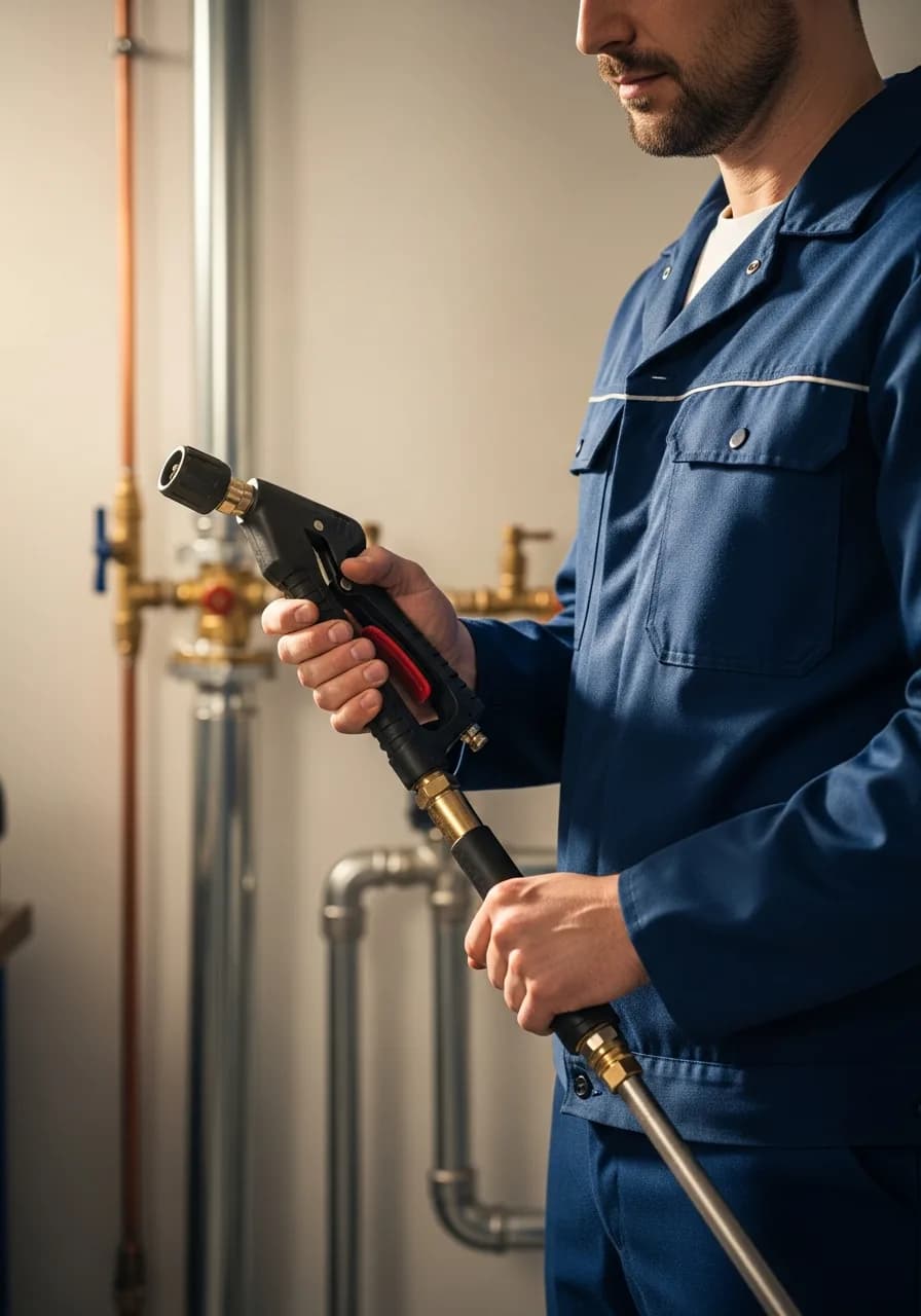 Handwerker mit Hochdruckreiniger in moderner Werkstatt